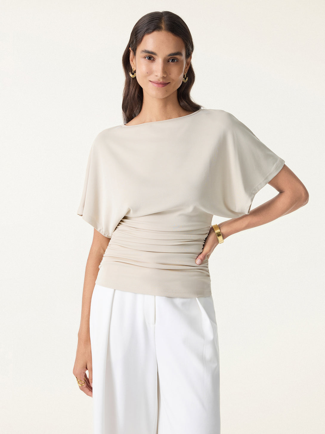 Effortless Boatneck Batwing Sleeve Side Ruched Top Morning Mist XS
