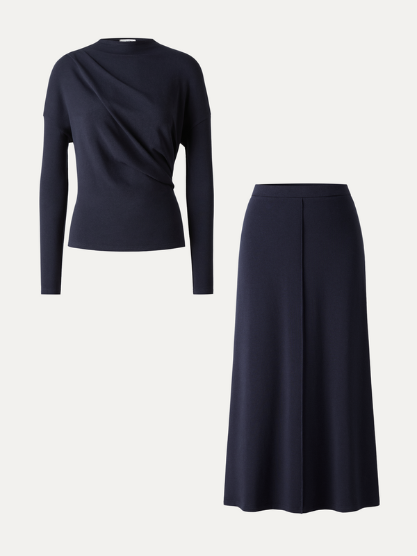 OGLmove 2Pcs Set Prowarm Mock Neck Long Sleeve Top & Mid-Rise A-Line Midi Skirt