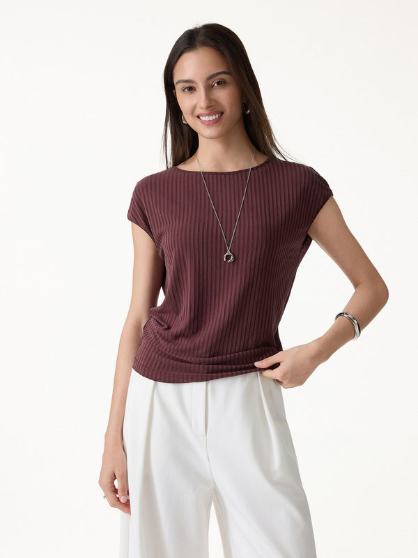 OGLmove Wrinkle-Free Ultra-soft Boatneck Cap Sleeve Ribbed Top Ruby Berry XS