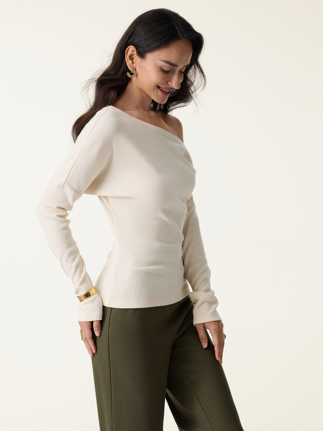 Ribbed Asymmetrical Neckline Long Sleeve Top