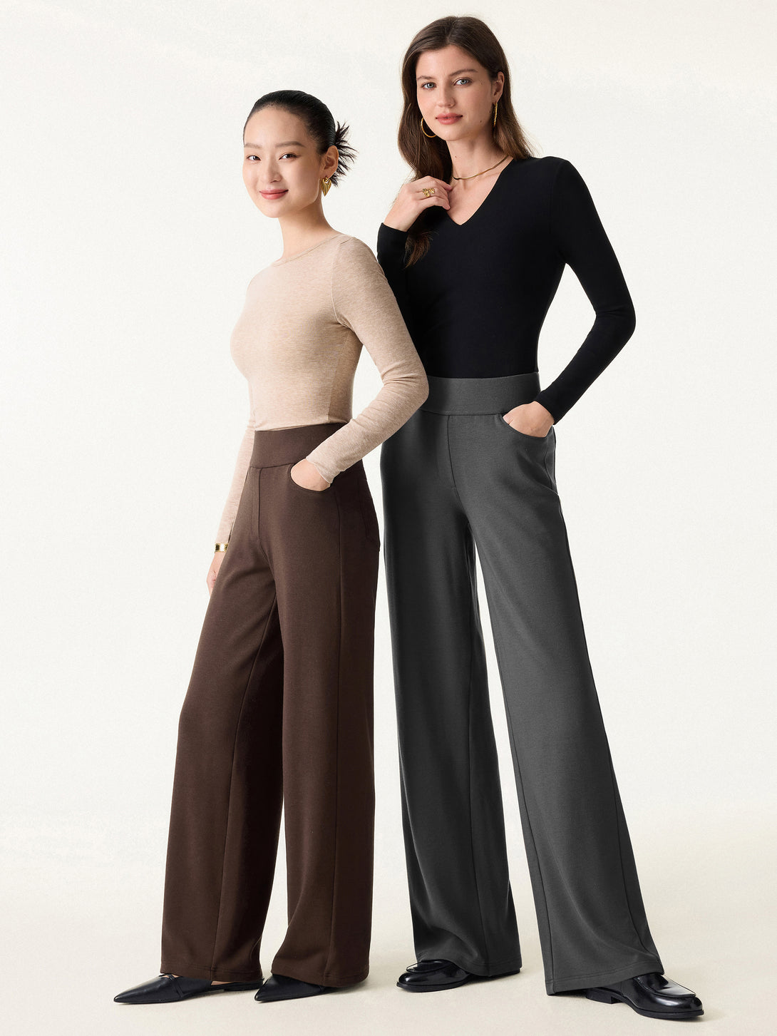 Mid Rise Wide Waistband Wide Leg Pull-on Pants with Pockets
