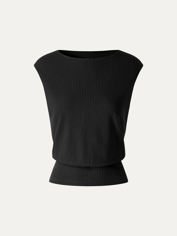 OGLmove Textured Cotton Blend Boatneck Sleeveless Banded Hem Top