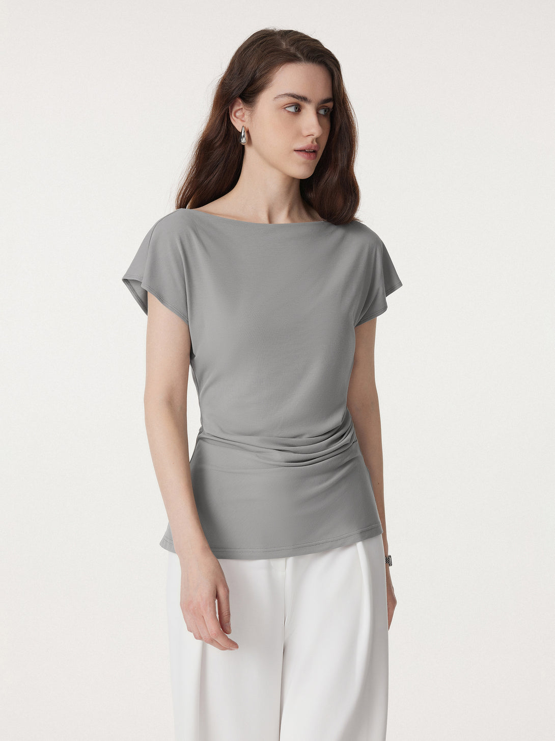 Boatneck Flutter Sleeve Side Tucked Long Tee