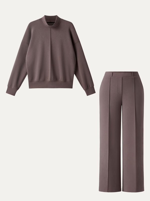 2Pcs Set Petite Mid Rise Straight Leg Pants with Pockets & Mockneck Pullover Shirt Deepest Mauve XS