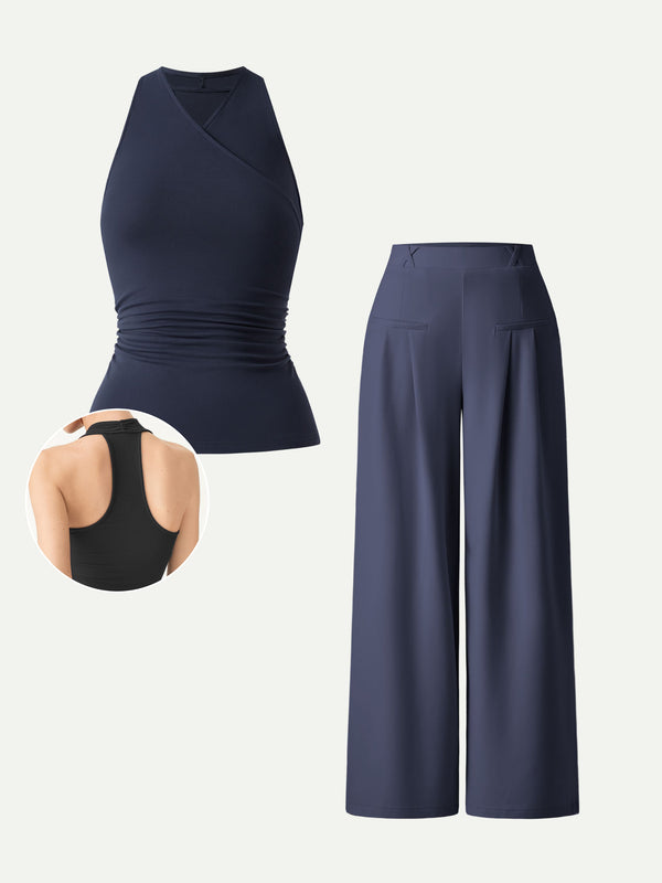 2Pcs Set Surplice Sleeveless Top & Mid Rise Wide Leg Trouser Midnight Navy/Navy XS