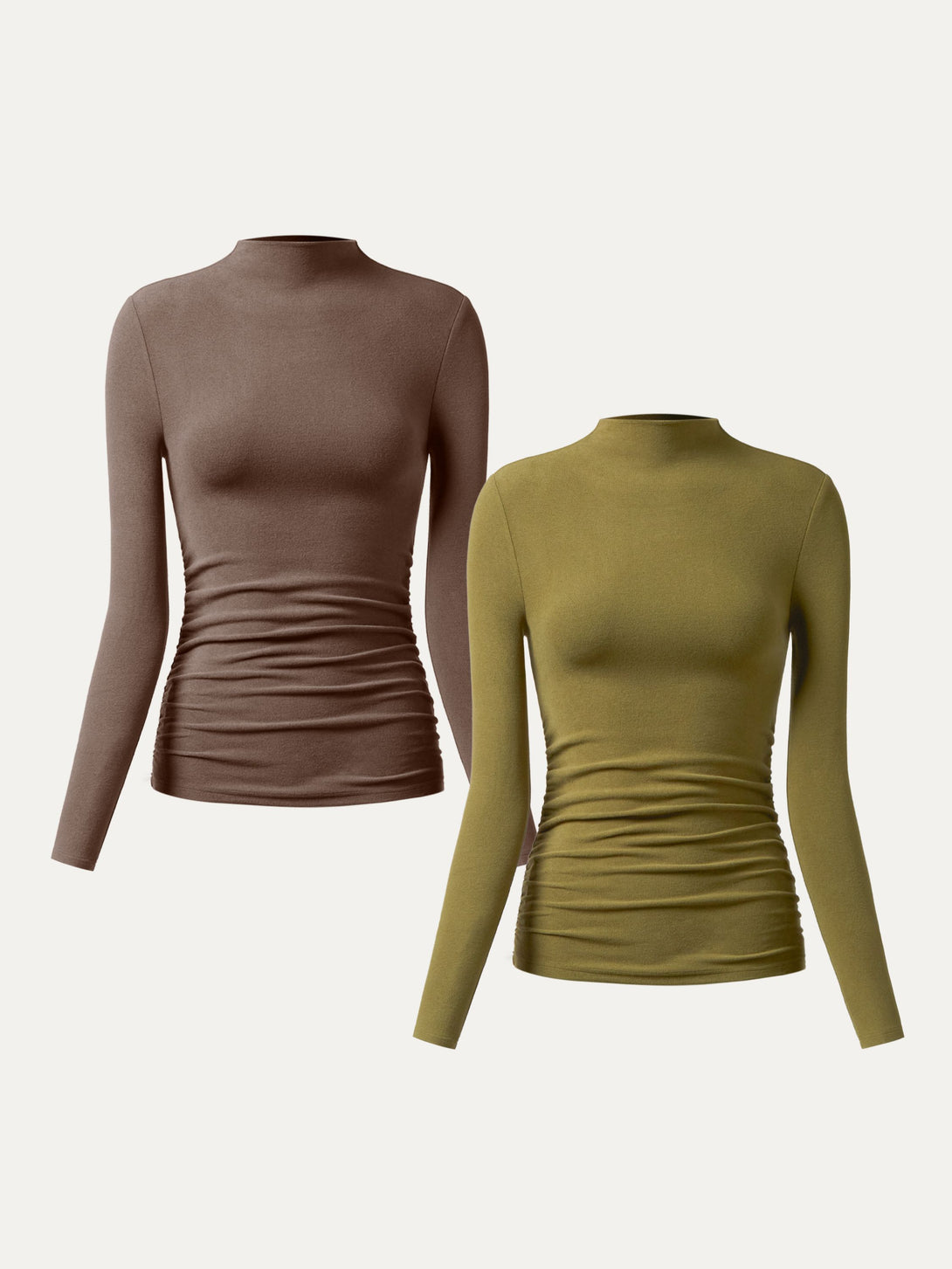 2Pcs Set Thermal Ruched Sides Tuckable Mockneck Top Mocha/Ginger Olive XS