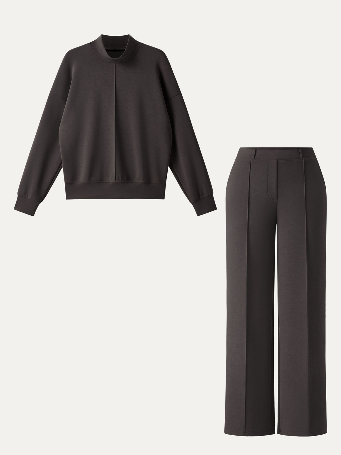 2Pcs Set Mockneck Pullover Shirt & Mid Rise Straight Leg Pants with Pockets Black Chocolate XS