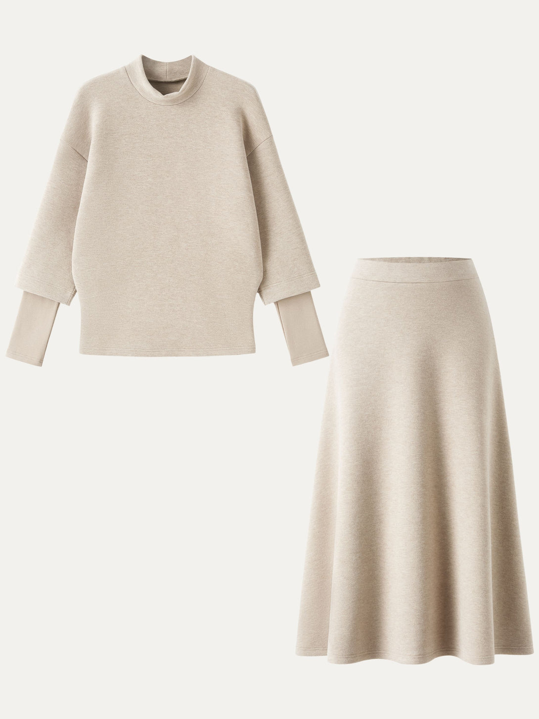 2Pcs Set FuzzLuxe Mockneck Sleeve-Warmer Top & Midi A-line Circle Skirt Heather Beige XS