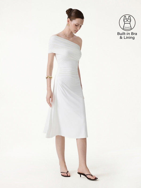 OGLmove Not-See-Thru One Shoulder Gathered Midi Bra Dress White XS