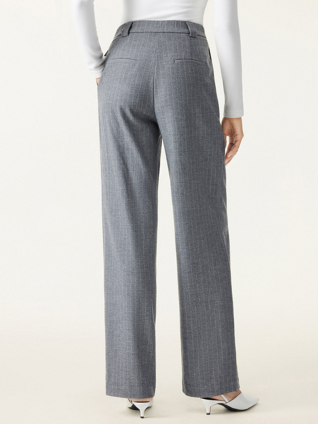 Stretch Striped Mid Rise Wide Leg Trousers with Pockets