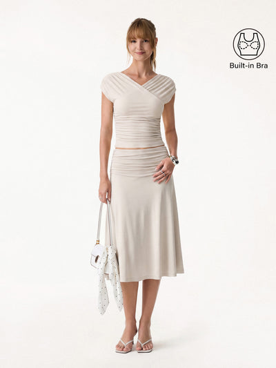 OGLmove 2Pcs Set Surplice V-Neck Bra Top & Side Ruched A-line Midi Skirt Fog XS