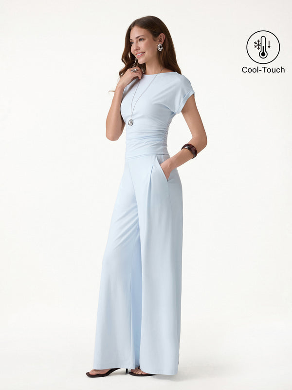 OGLmove 2Pcs Set Round Neck Ruched Tee & Mid Rise Wide Leg Pants