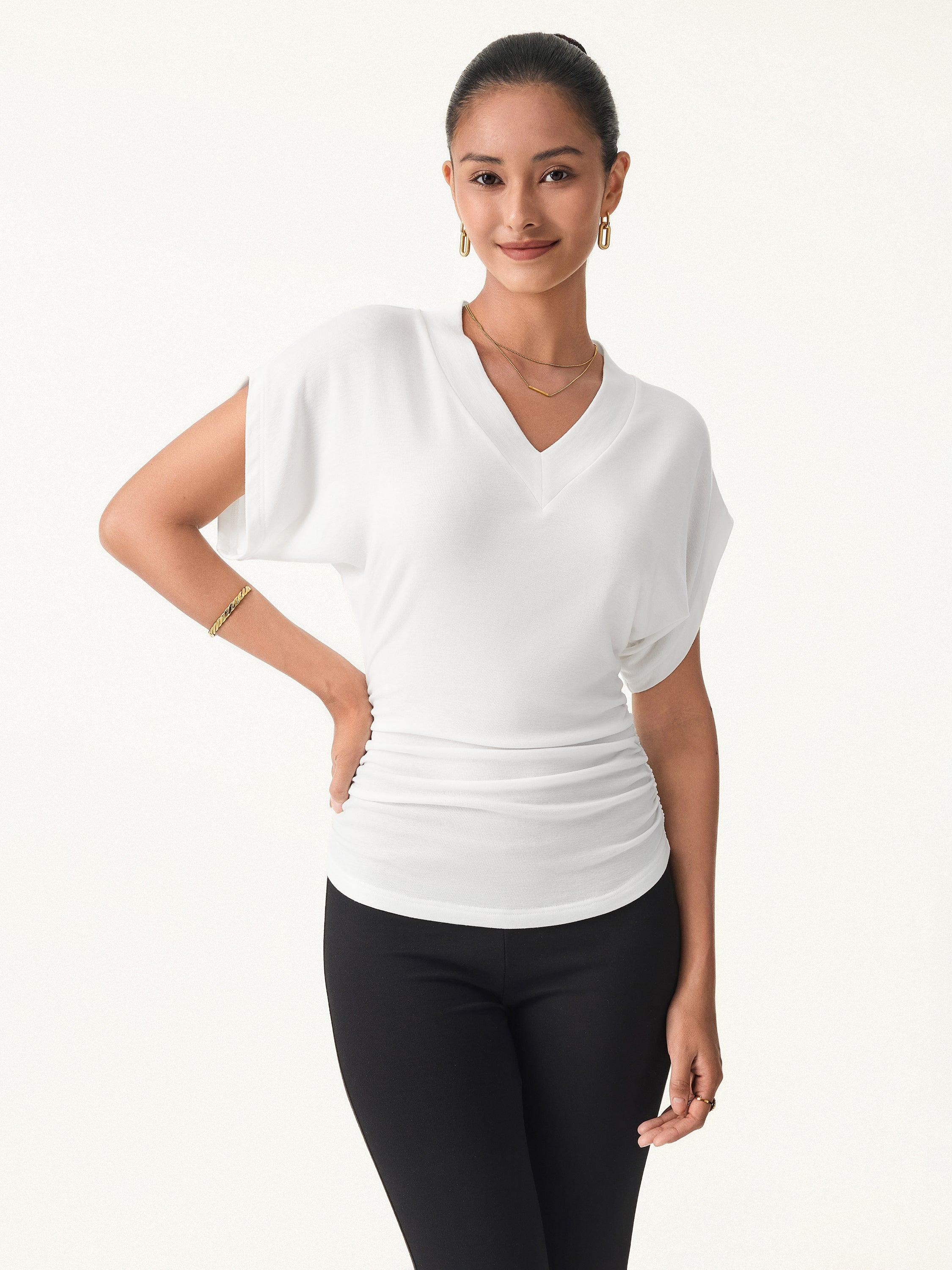 Semi sheer Lyocell Cashmere Blend V neck Short Sleeve Side Ruched Tee
