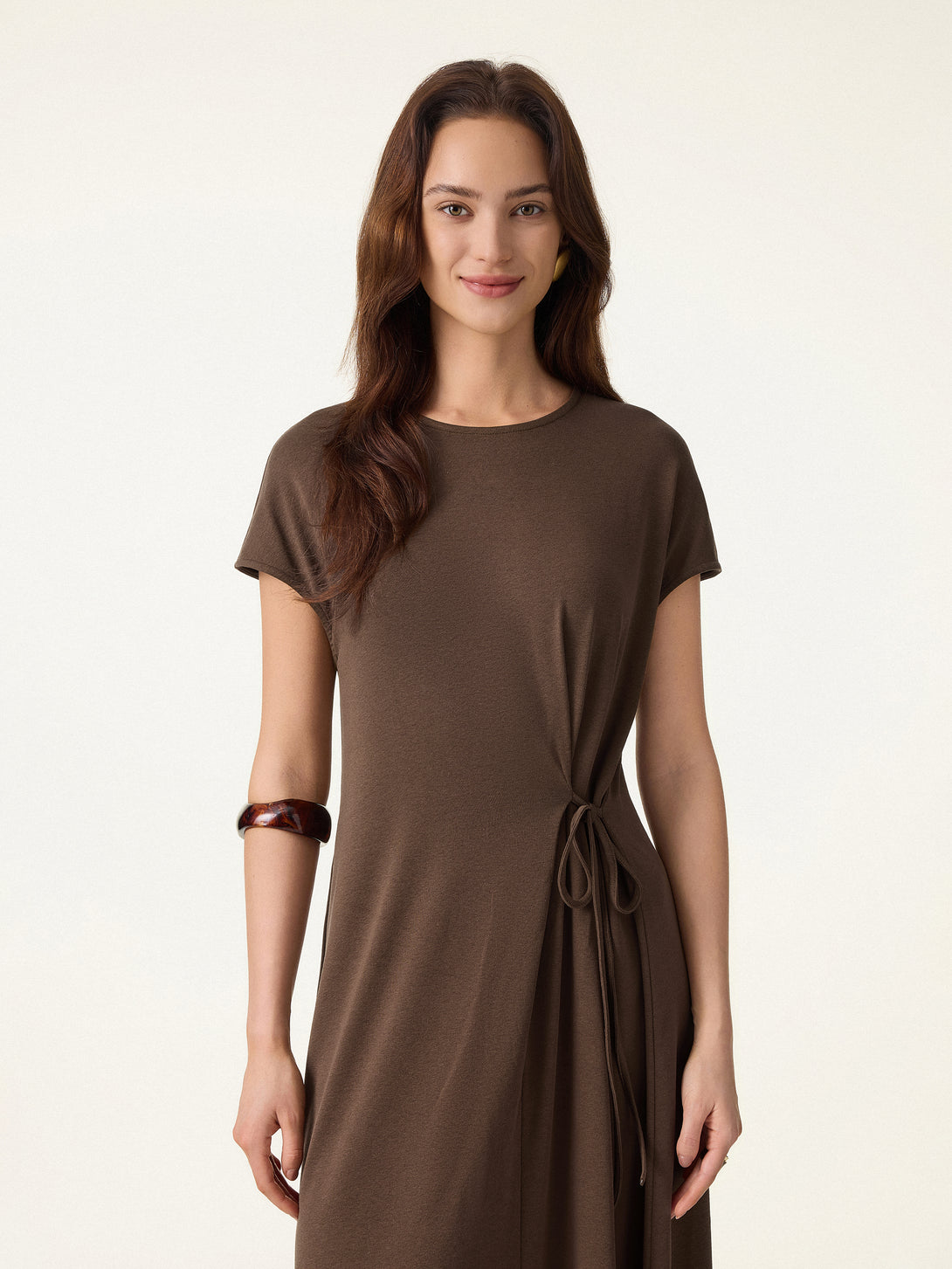 airy midi dress Casual Going Out Loose Fit Brunette/XS Midi Dresses Short Sleeves Round Neck Women Dresses OGLmove