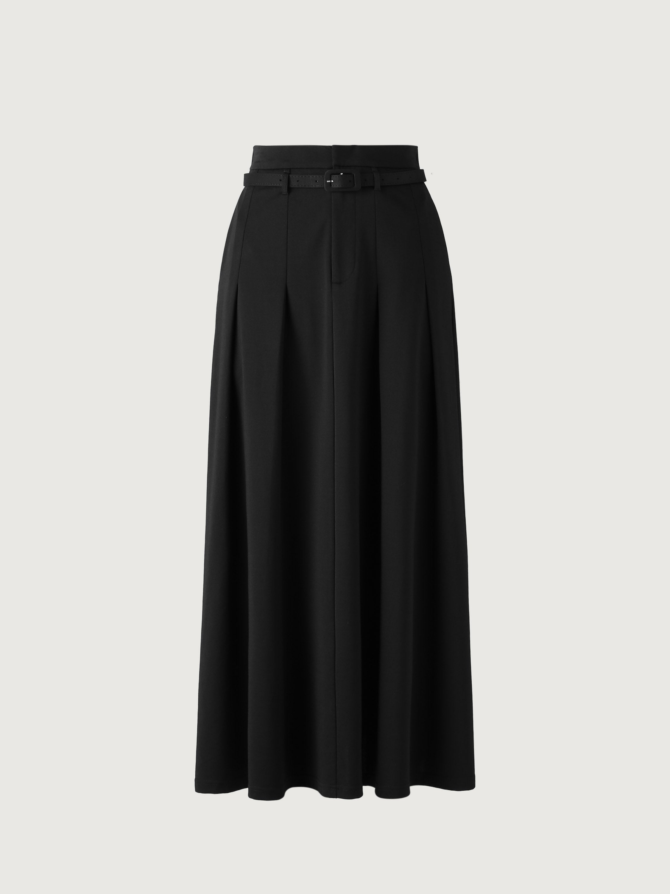 Pin-Tuck Midi Skirt with Belt - Black