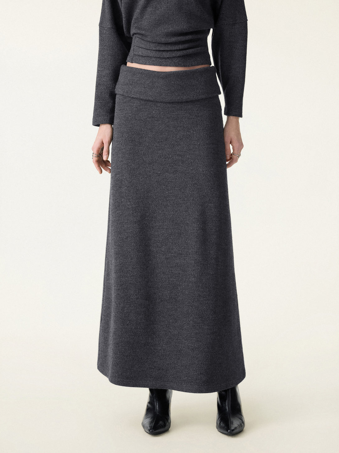 Cozy Ribbed Fold-Down Waistband A-line Maxi Skirt Heather Black XS