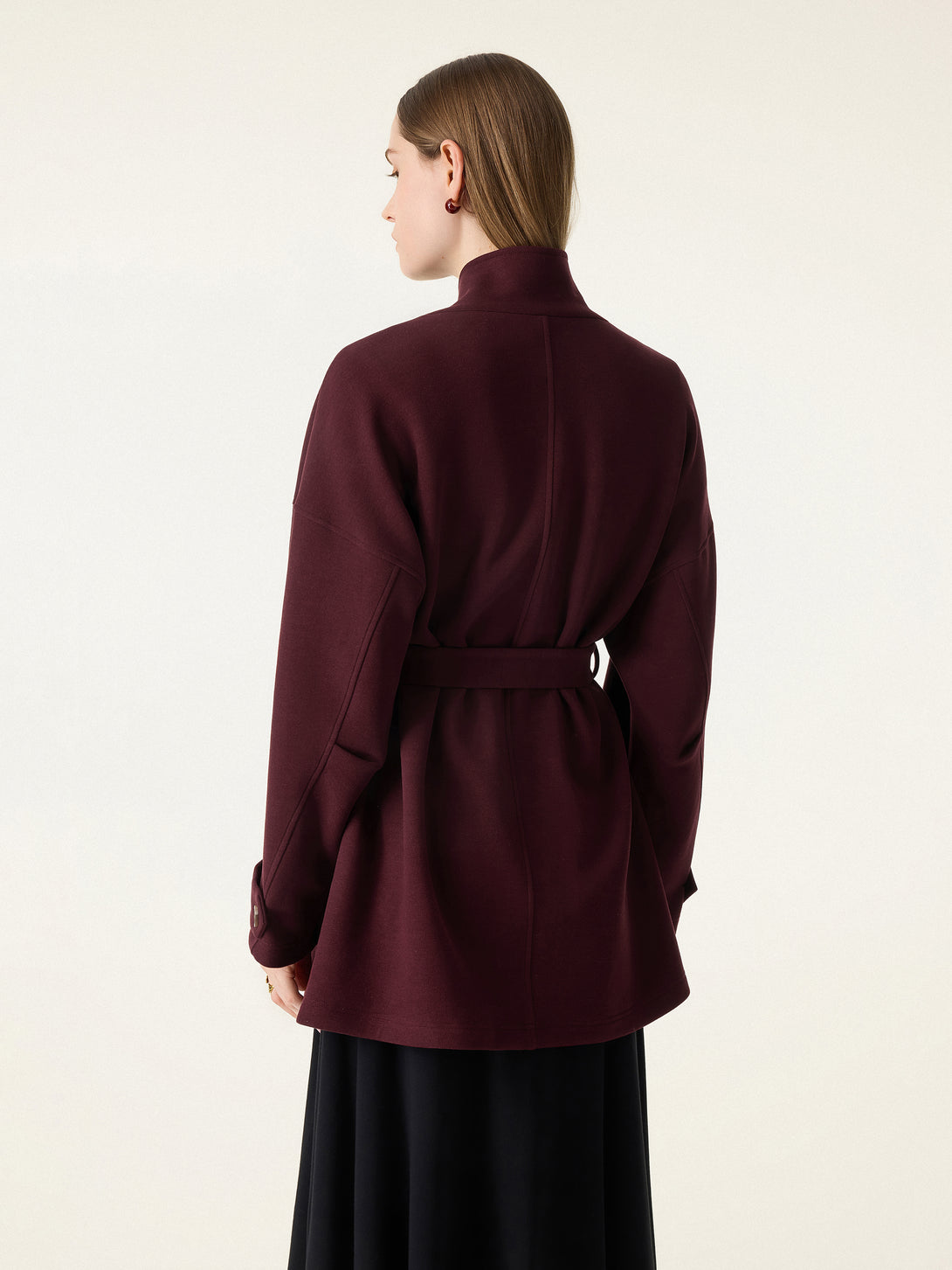 2Pcs Set Stand Collar Belted Coat & Mid Rise Straight Pull-on Pants with Pockets