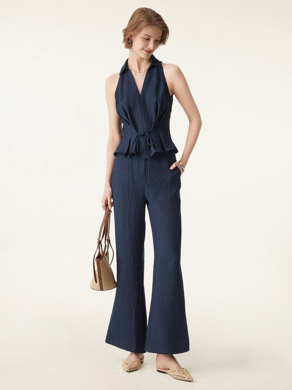 OGLmove Collared V-neck Pleated Sleeveless Top with Drawstring
