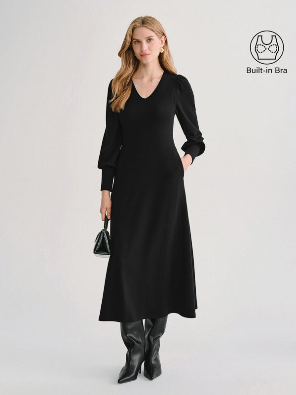 OGLmove ProWarm V-Neck Puff Sleeve Built-In Bra Midi Dress 2.0 with Pockets Black XXS