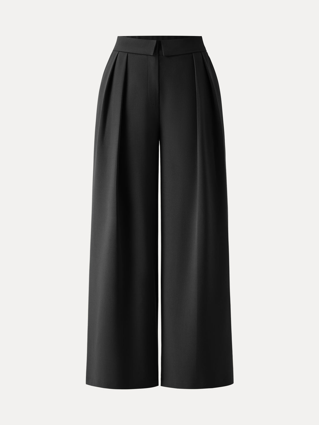 Fold-Over Pleated Midi Rise Wide Leg Trousers with Pockets Regular Black