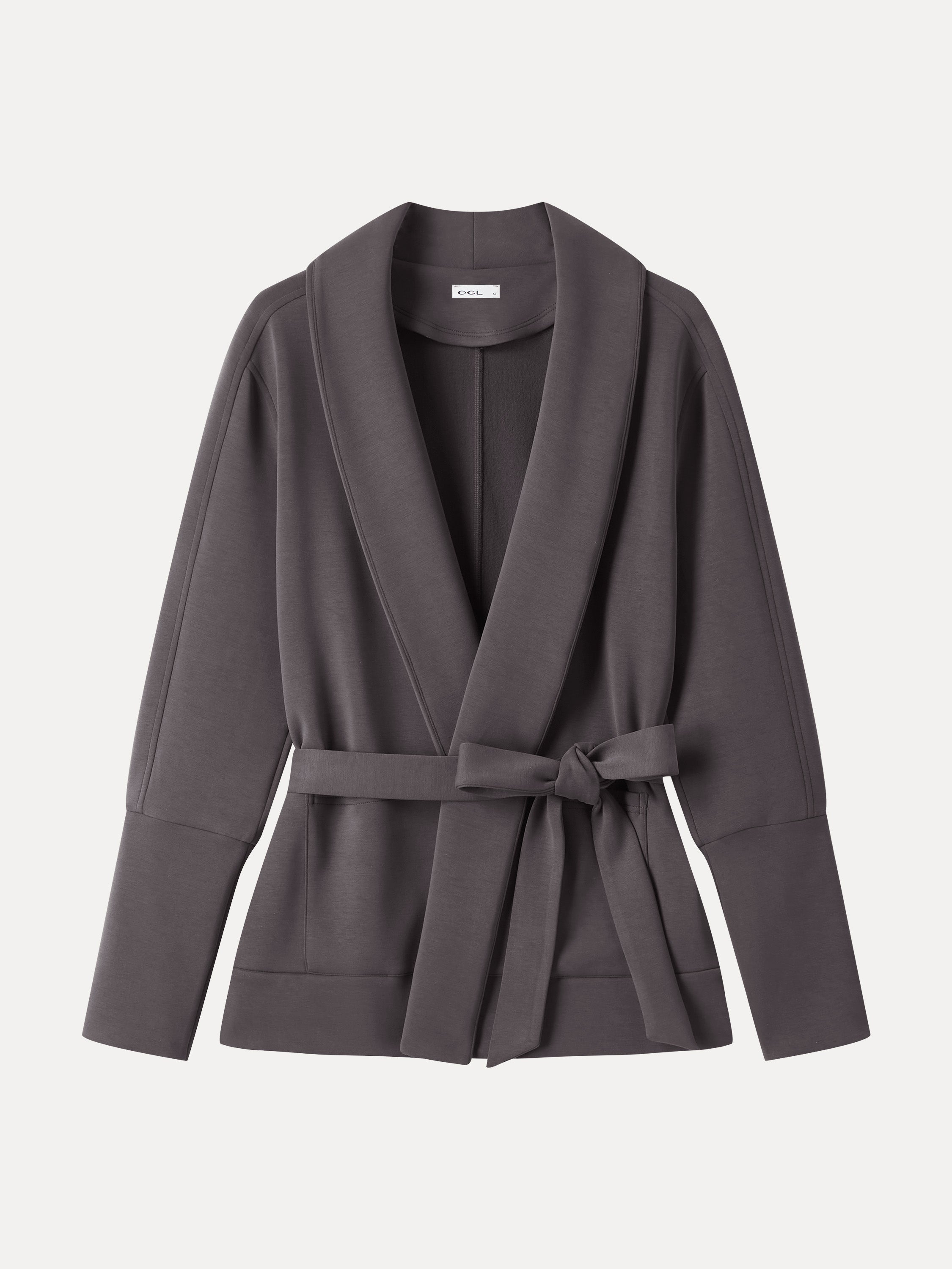 OGL Modal Stretch Fleece Lapel Long Sleeve Belted Coat with