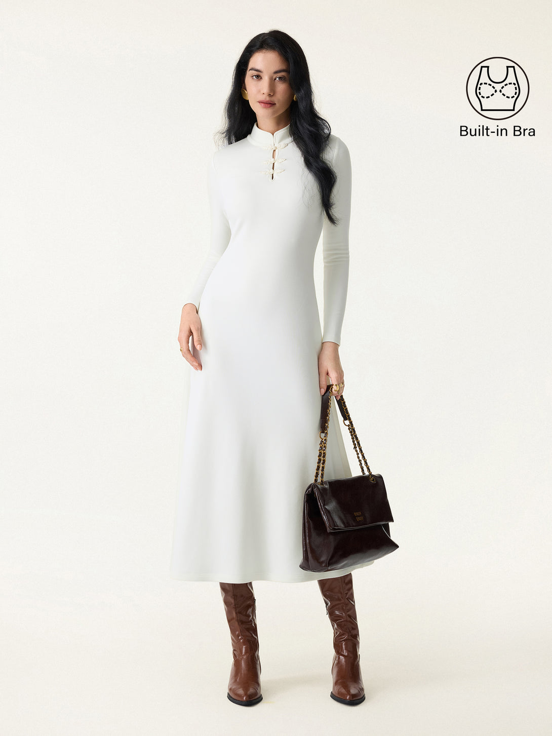 Mandarin Collar Frog Button Midi Brami Dress Off White XS