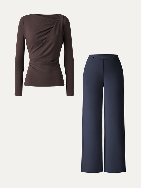 OGLmove 2Pcs Set Asymmetrical Neck Long Sleeve Top & Slimming High Rise Wide Leg Pant Cedar Brown/Light Navy XXS