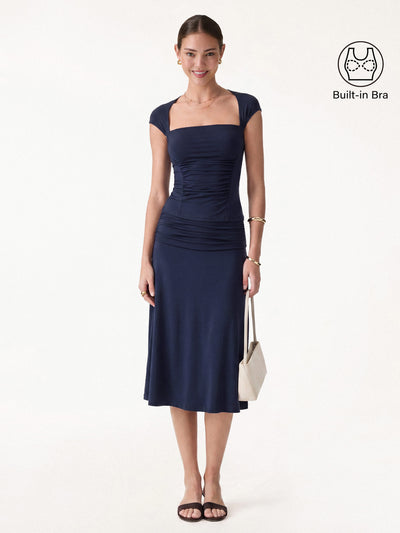 OGLmove 2Pcs Set Square Neck Cutout Back Bra Top & A-line Midi Skirt Midnight Navy XS