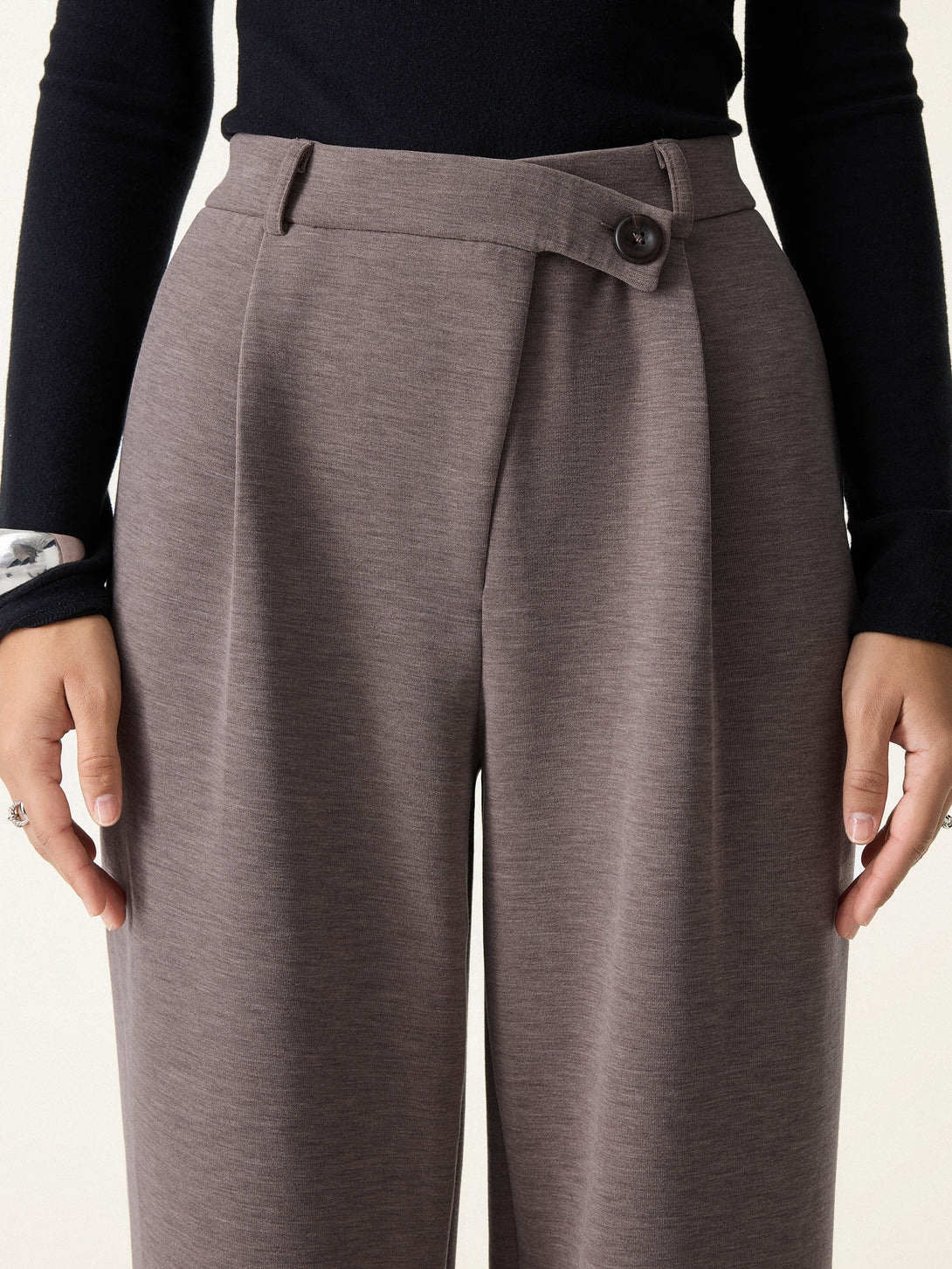 Cozy Warm High Rise Slanted Fly Front Wide Leg Pants