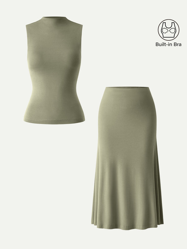2Pcs Set Mockneck Bra Tank & Pull-on Mermaid Midi Skirt Tate Olive XS