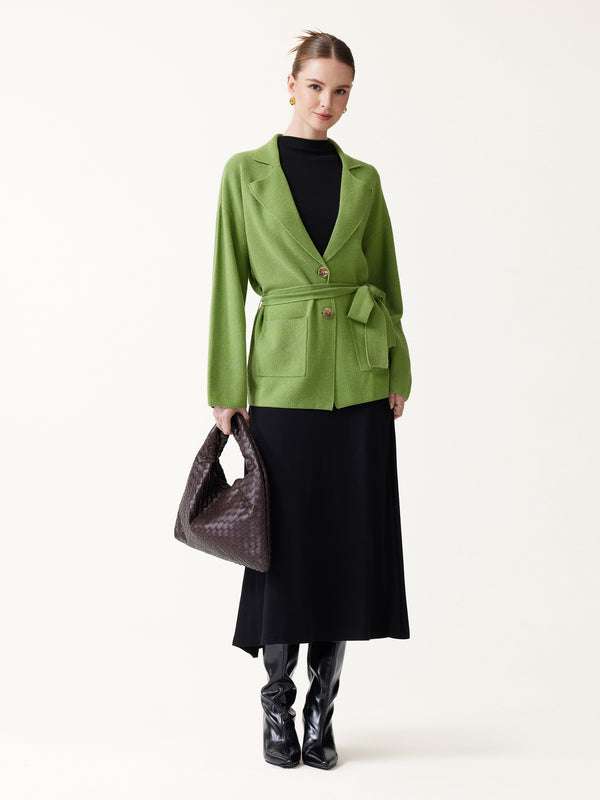 OGLmove Merino Blend Peaked Lapel Long Sleeve Belted Cardigan with Pockets