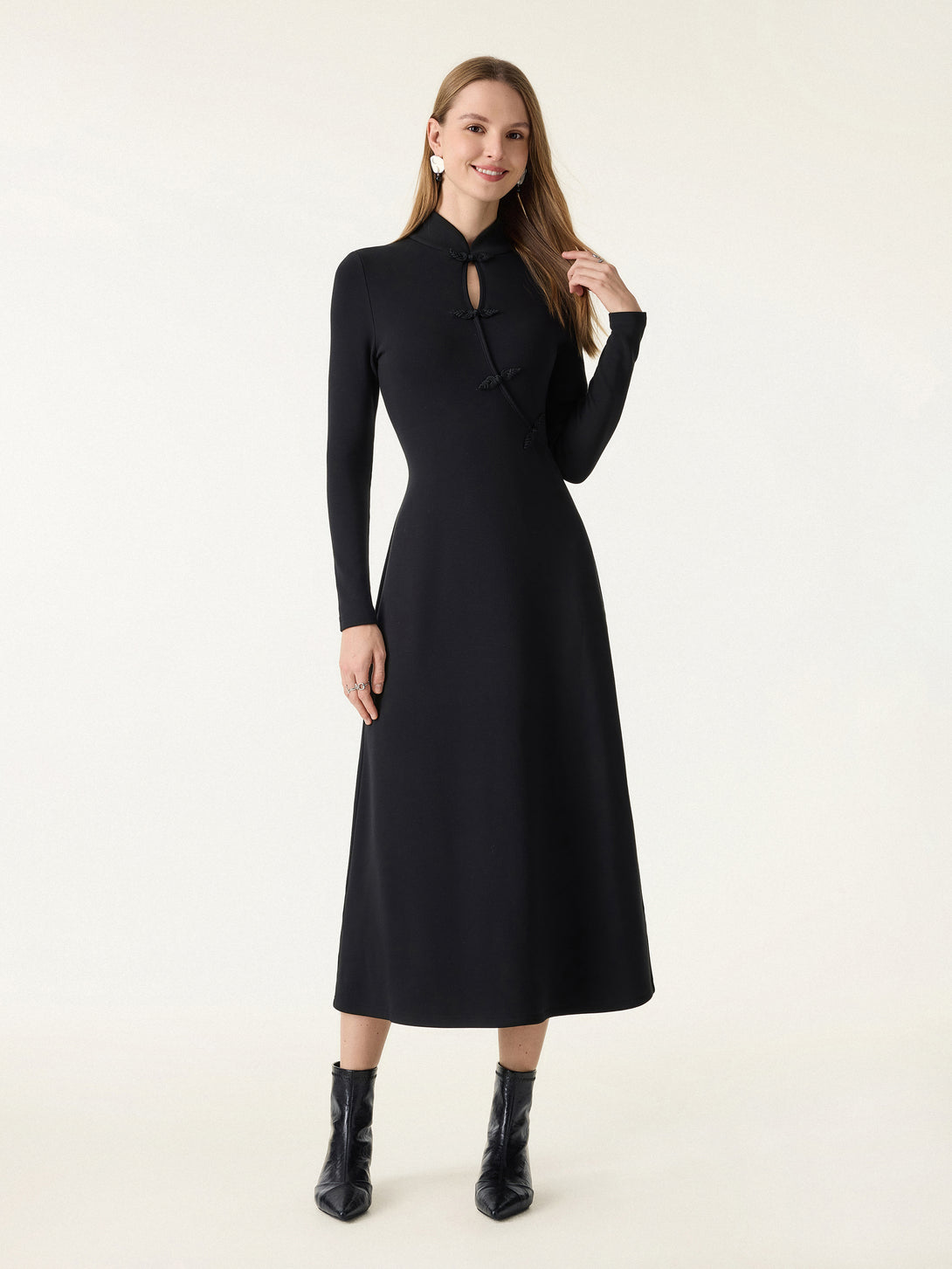 Standout Mandarin Collar Frog Button Midi Brami Dress