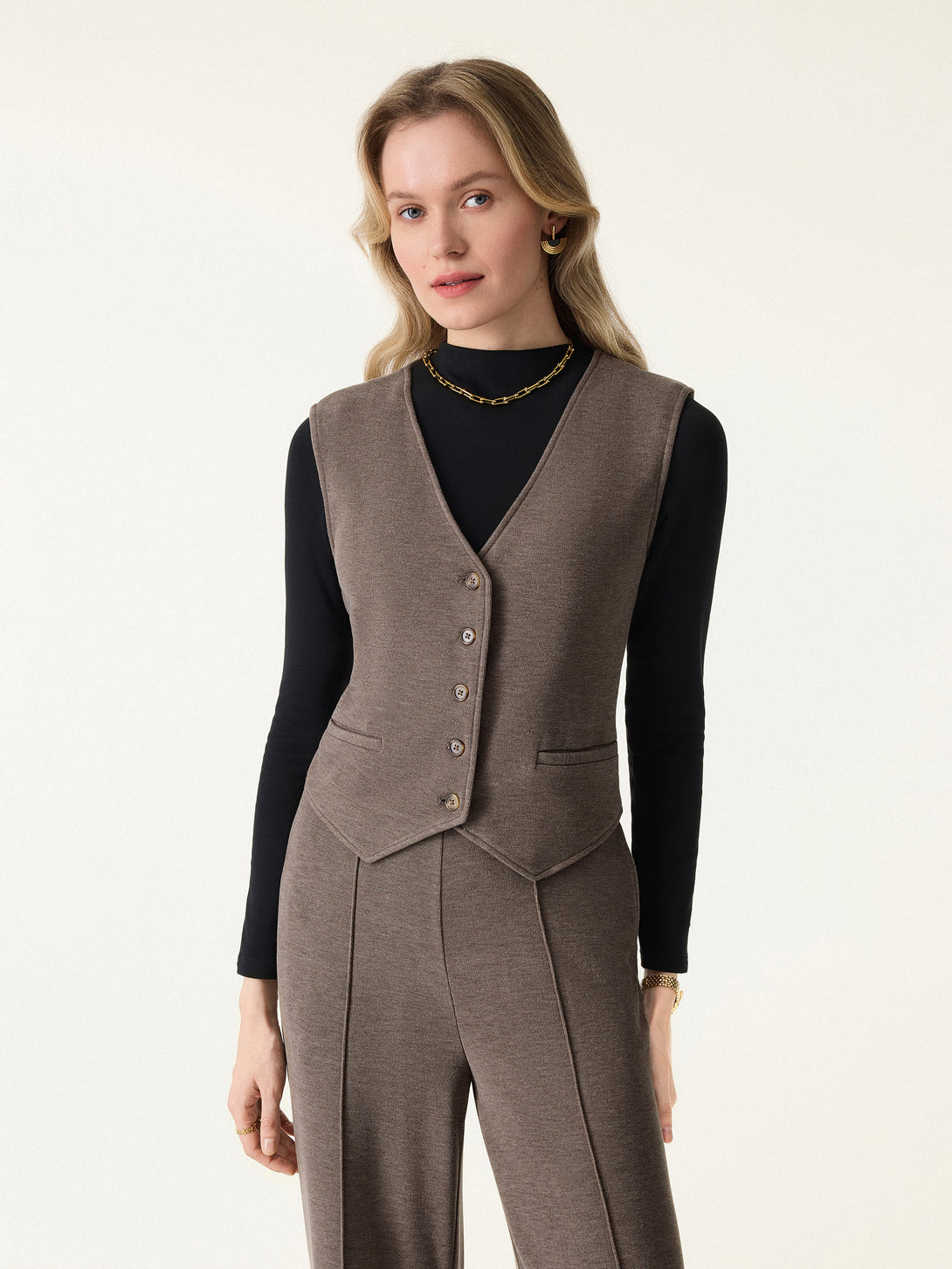 Brushed Warm V-neck Button Front Vest Heather Brown Grey XS