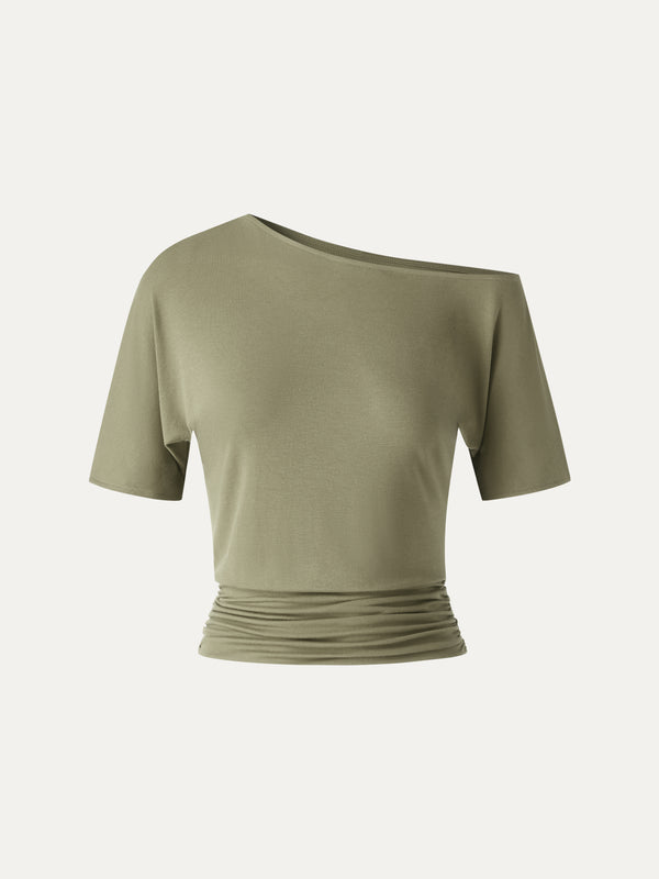 OGLmove CoolTouch Relaxed Short Sleeve Ruched Top Olive Oil XS