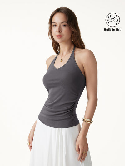 OGLmove Modal Halter Neck Open Back Ruched Bra Top