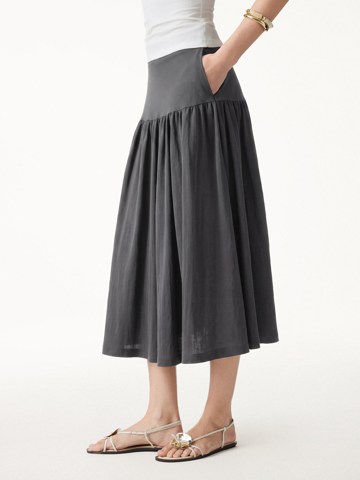 Cotton Linen Gathered Midi Skirt Pockets