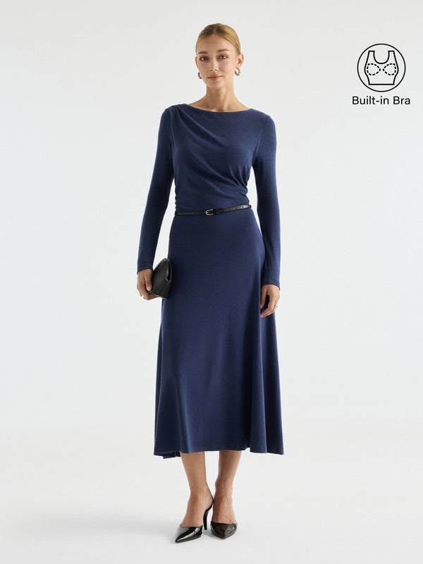 LiteWarm Boatneck Asymmetrical Ruched Built-In Bra 3.0 Midi Dress
