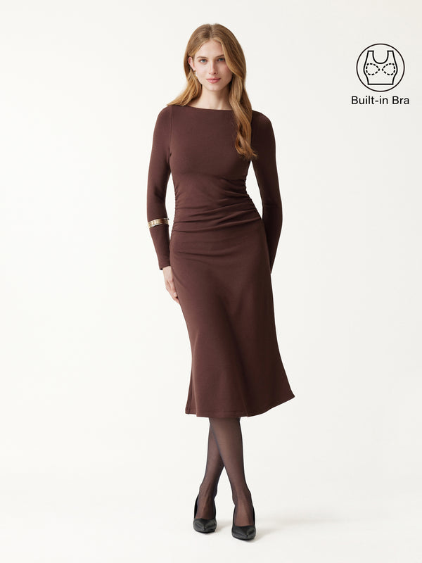 ProWarm Boatneck Ruched Mermaid Built-In Bra Midi Dress