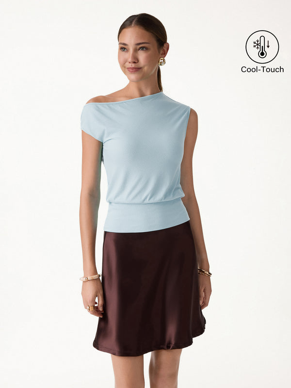 OGLmove Asymmetrical Shoulder Banded Hem Top Ice Blue XS