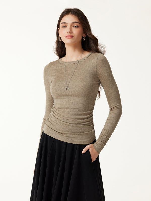 OGLmove Lyocell-Wool Round Neck Long Sleeve Ruched Top Heather Tate Khaki Brown XXS