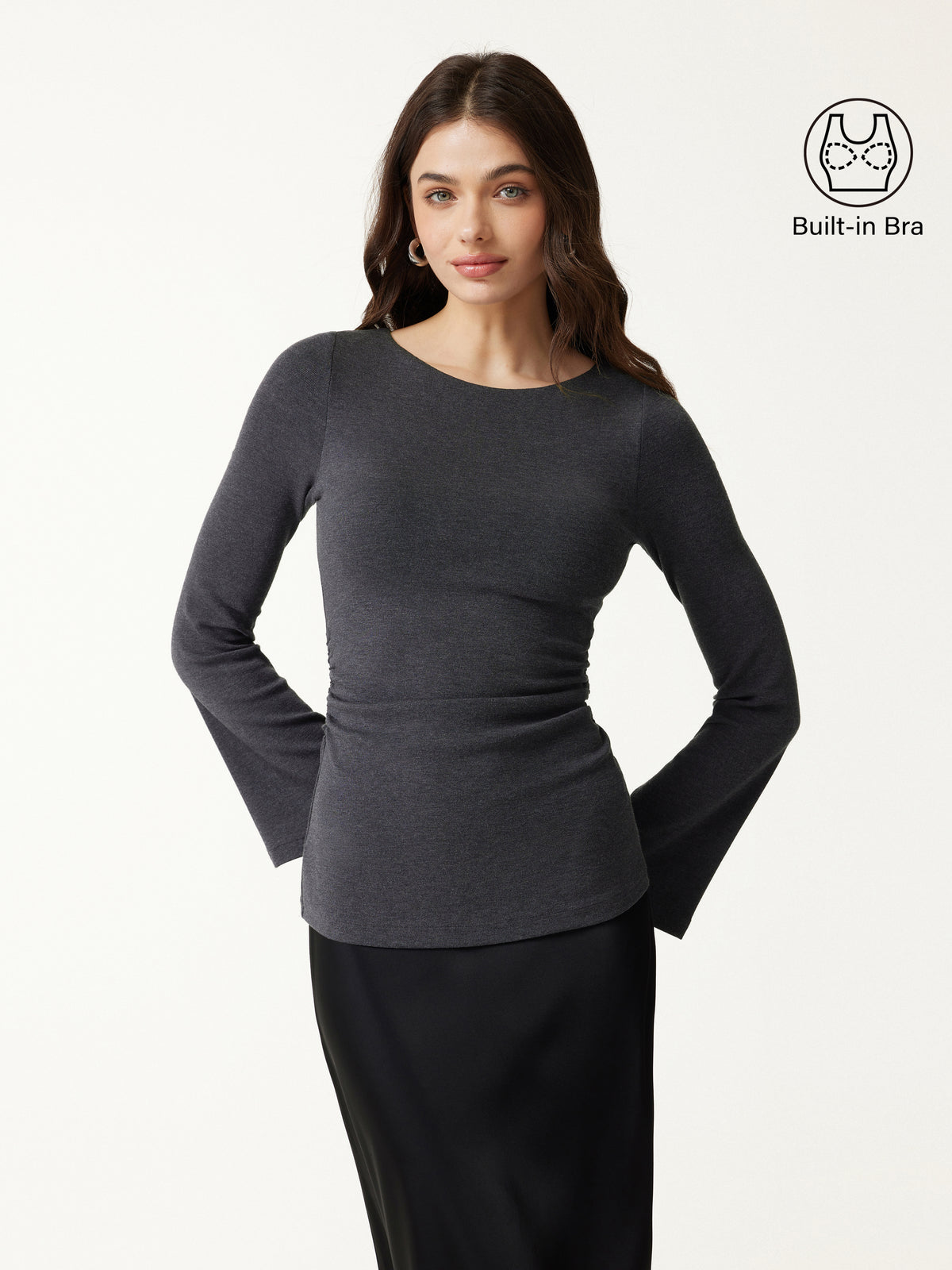 LiteWarm Round Neck Bell Sleeve Ruched Built Bra Top 2.0
