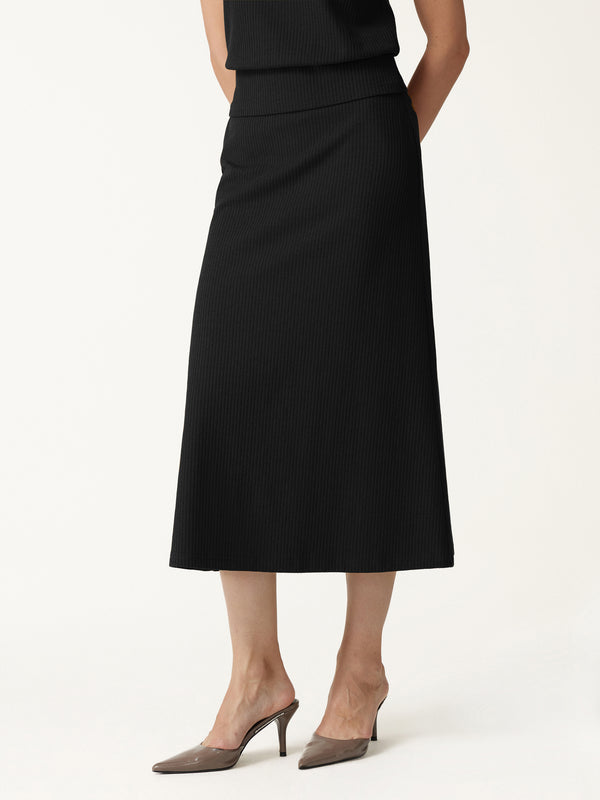 OGLmove Textured Cotton Blend Mid-Rise A-Line Midi Skirt Black XXS