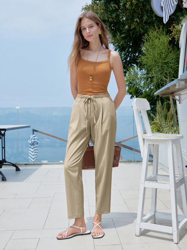 OGLmove Wrinkle-Resistant Linen-Like Cropped Tapered Leg Pants with Pockets Regular Khaki Beige