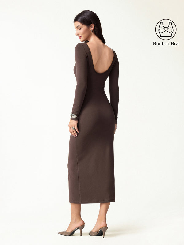 OGLmove Eco-Mousse® Boatneck Open-Back Midi Bra Dress Cedar Brown XXS