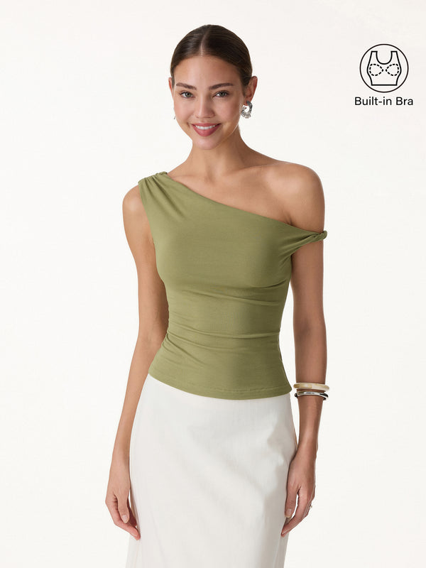 OGLmove CoolTouch Asymmetrical Shoulder Bra Top Olive Oil XS