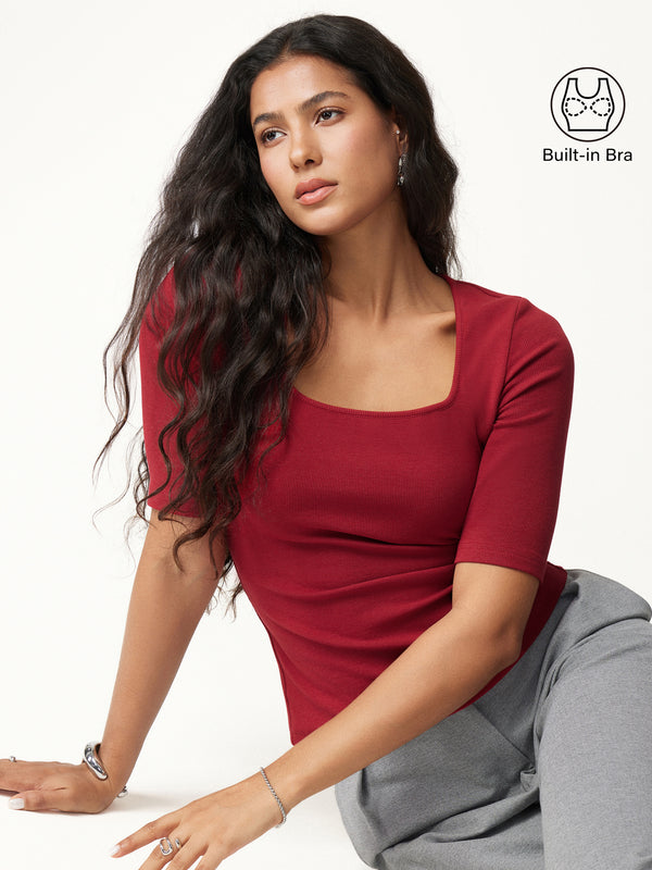 OGLmove Essential Square Neck Elbow Length Sleeve Bra Top Retro Red XXS