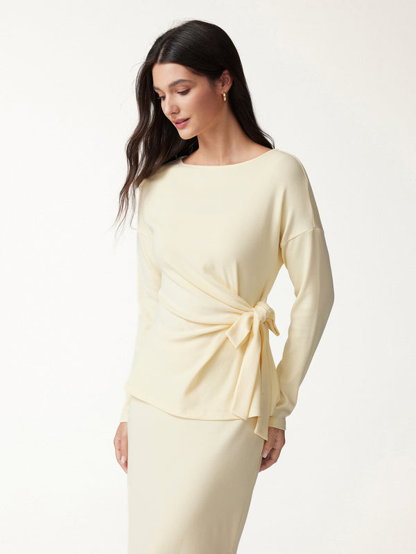 OGLmove LiteWarm Boatneck Long Sleeve Tie-Waist Top Butter Cream XXS