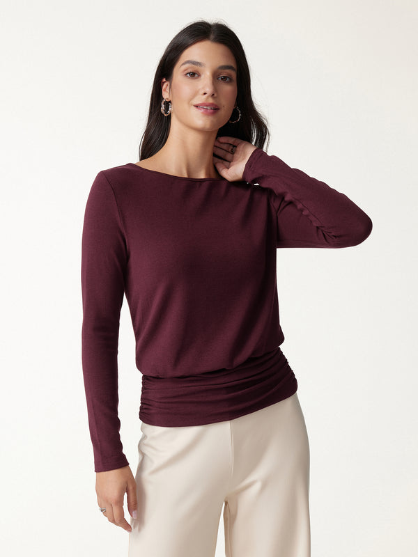 OGLmove Eco-Mousse® Boatneck Long Sleeve Ruched Banded Hem Top Ruby Berry XXS