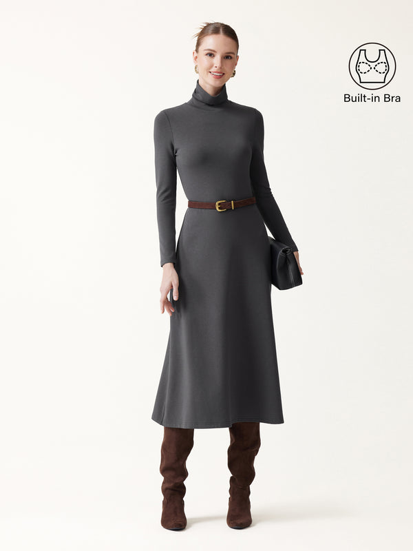 OGLmove MaxWarm Turtleneck Fit-and-Flare Built-In Bra 3.0 Midi Dress Night Charcoal XXS