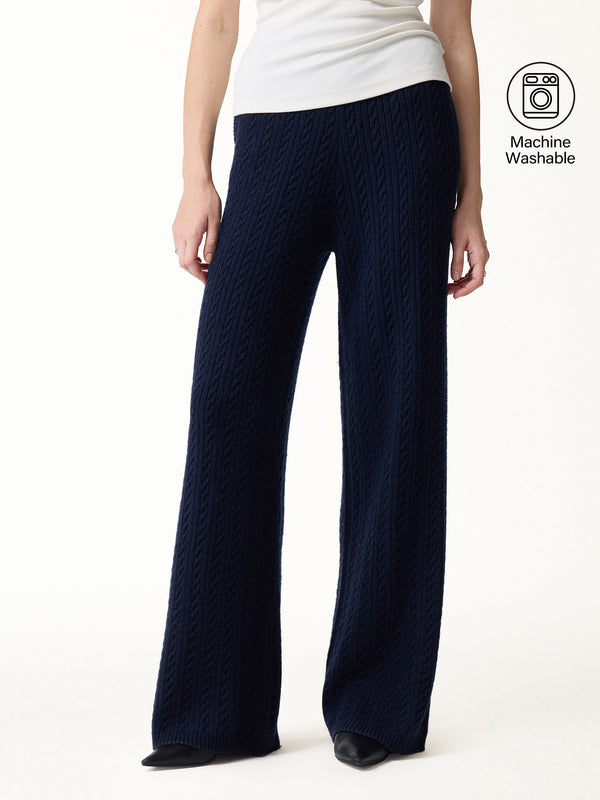 Merino-Blend Cable-Knit Wide-Leg Pants with Pockets